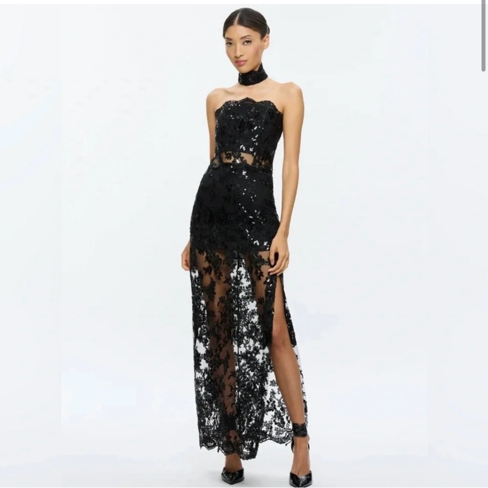GEORGIE EMBELLISHED STRAPLESS HIGH SLIT GOWN WITH COLLAR
